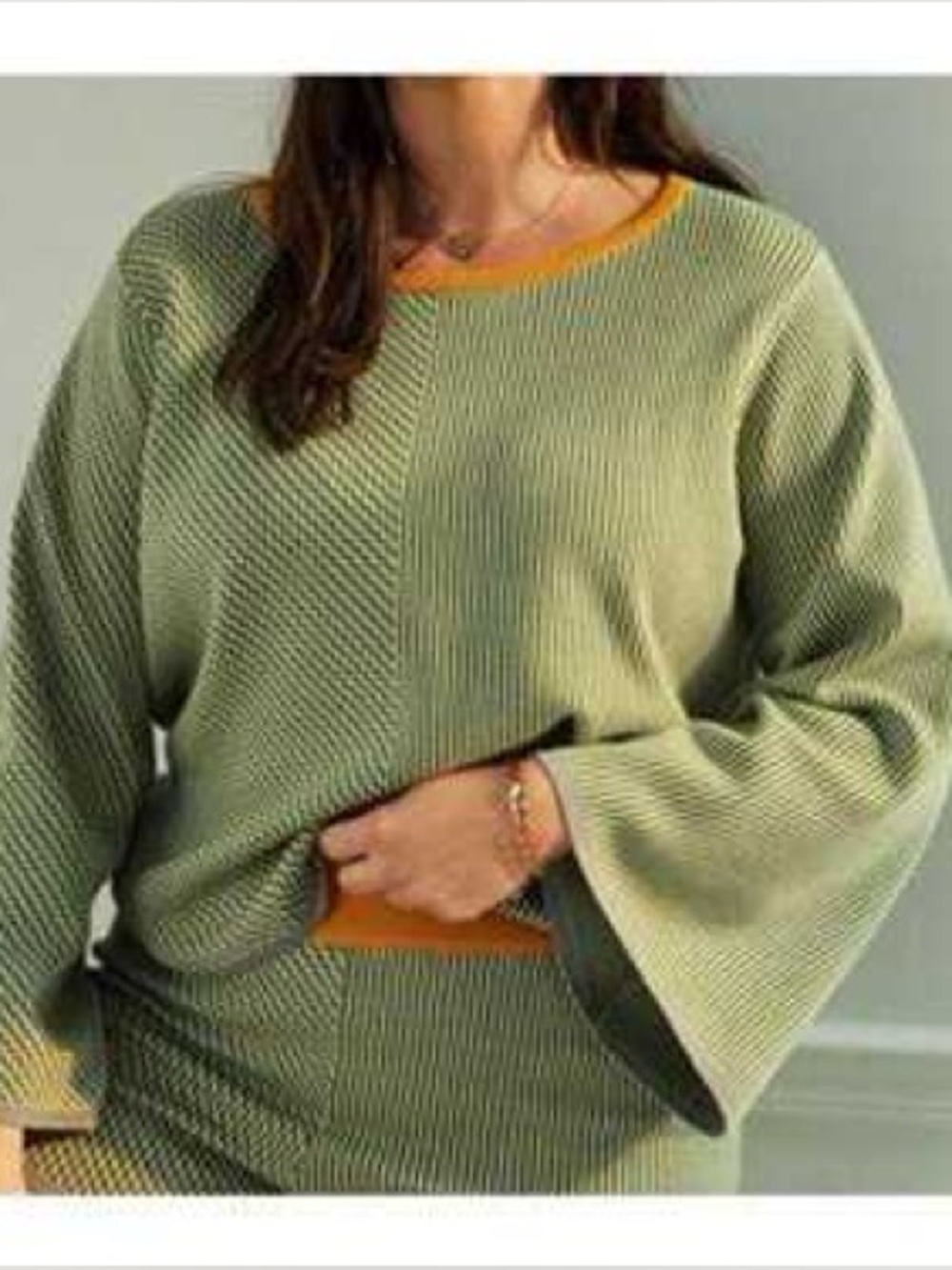 Anthro Dolan Olive Green Knit Bell-Sleeve Sweater with Mustard Trim Size Medium